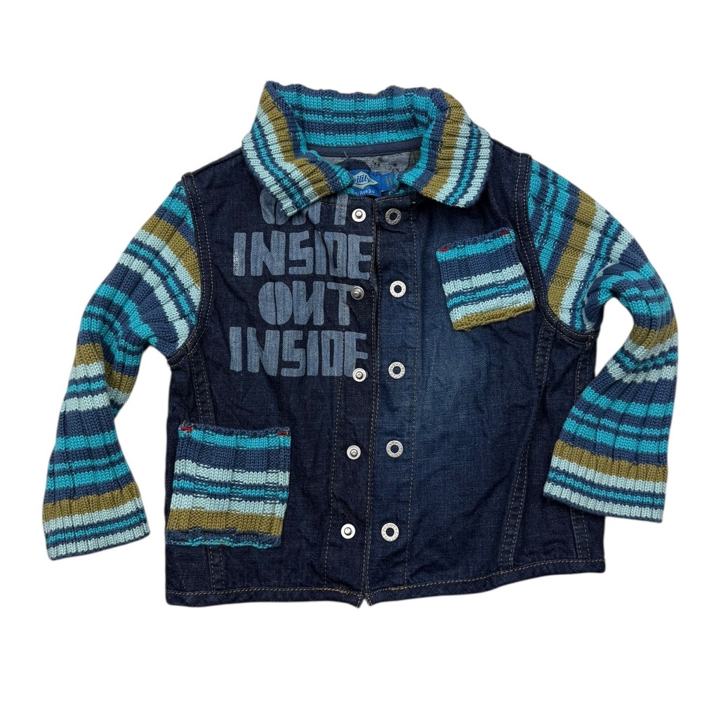 Vintage Oilily Denim Knit Jacket Girls 3-4 Blue Stripped Print Button‎ Front